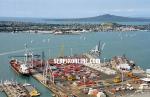 ID 1883 PORT OF AUCKLAND, NEW ZEALAND - The Axis Bledisloe Container Terminal looking north toward Rangitoto Island and the Hauraki Gulf. The Royal New Zealand Navy base at the North Shore suburb of Devonport...